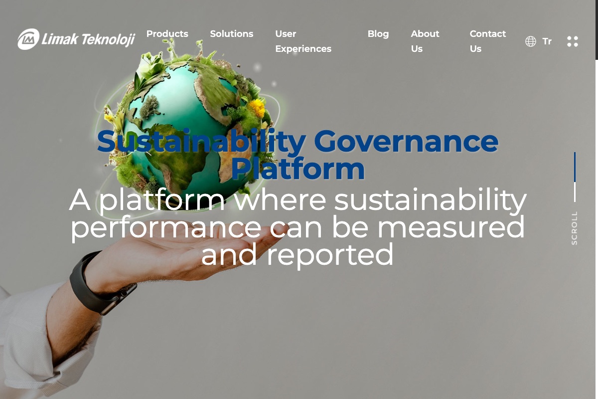 limakteknoloji.com today: 'Sustainability Governance Platform' above a hand holding a green globe, on the English landing page with the Limak Teknoloji wordmark