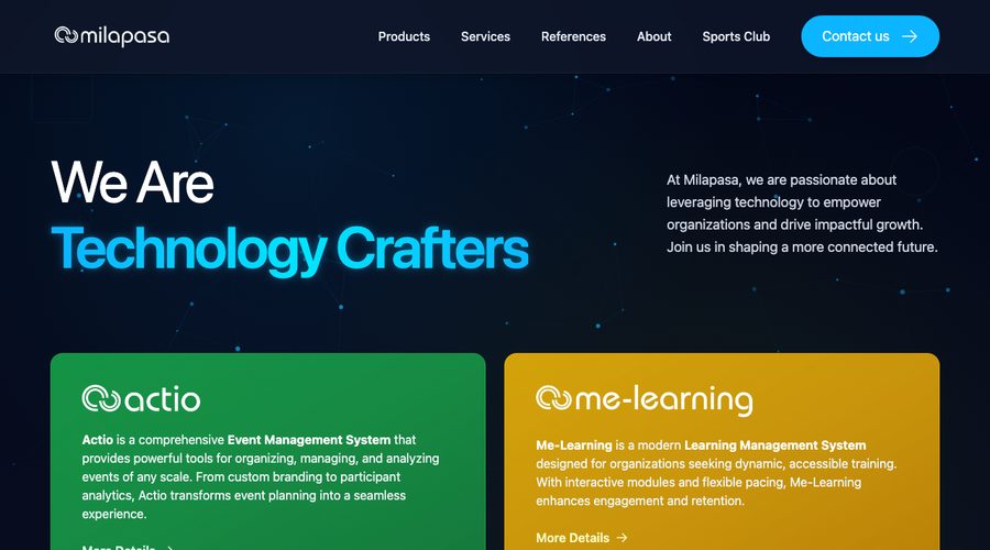 milapasa.com today: 'We Are Technology Crafters' above product cards for Actio, an event management system, and Me-Learning, a learning management system