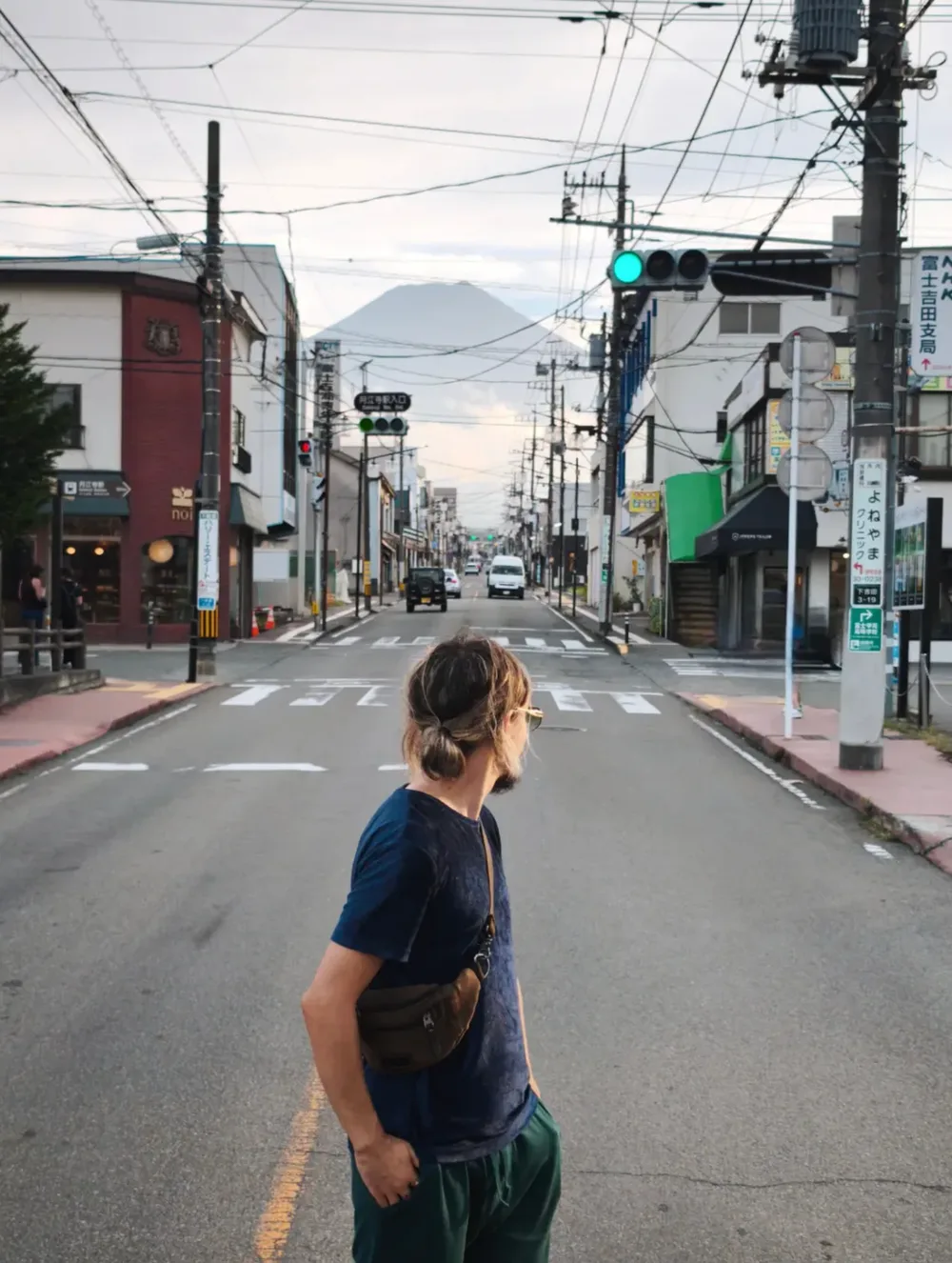A quiet street leading towards Mount Fuji.