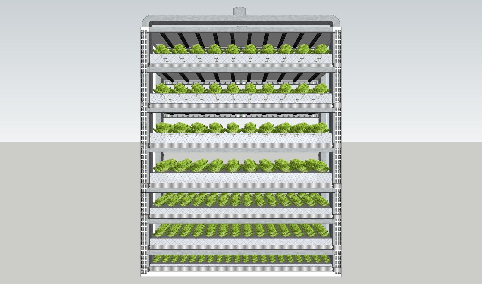 The Interfarm growing module rendered from the front: seven stacked tiers of lettuce at different growth stages under LED light bars, perforated air-distribution panels up both edges and the HVAC duct stub on the roof