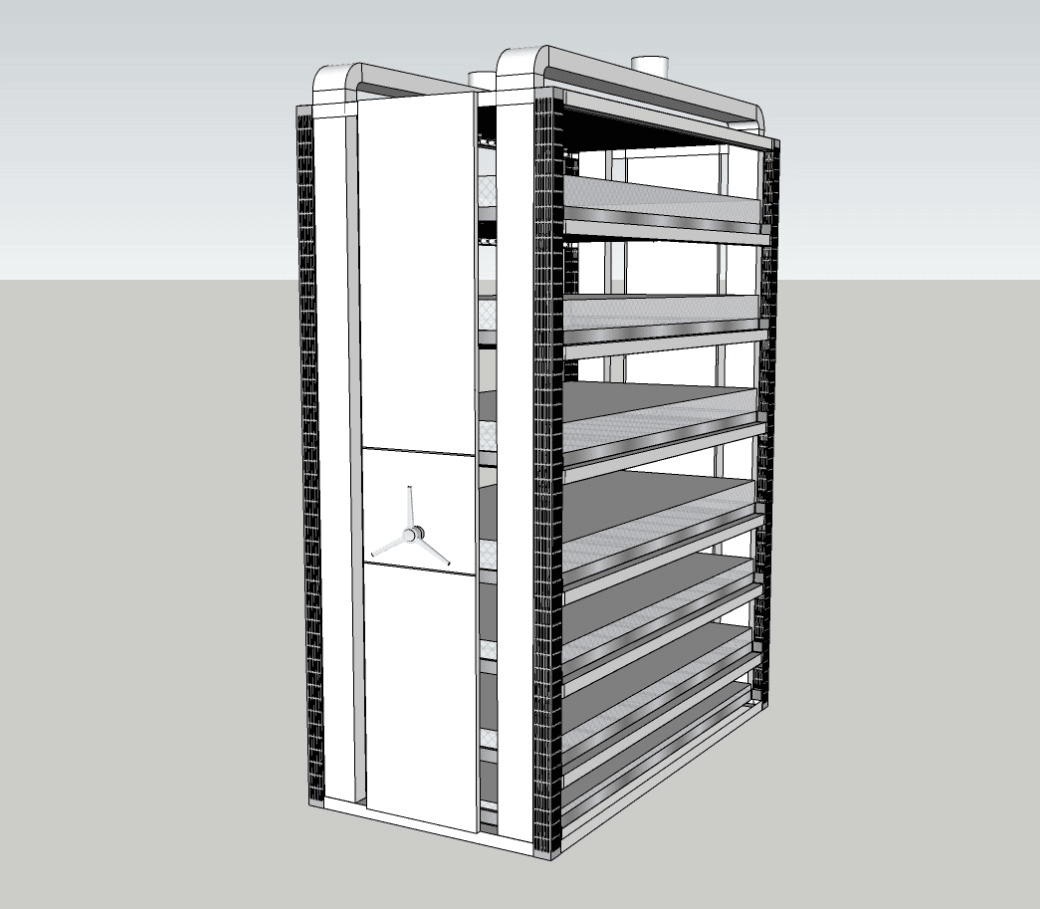 An isometric render of the Interfarm growing module: a sealed rack roughly two metres tall with seven stacked growing tiers, perforated air-distribution panels running up both vertical edges, a service door on the front face with a circular fan behind it, and a duct stub on the roof for the HVAC and CO₂ connection