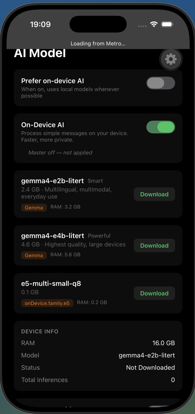 The AI Model settings screen: an on-device AI preference, a catalogue of downloadable local models with size and RAM requirements, and a device-info panel