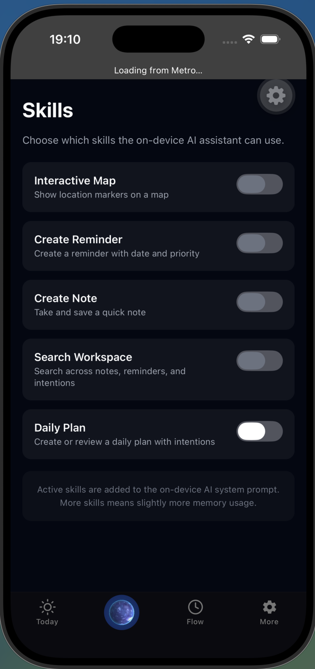 The Skills screen: per-skill toggles that add capabilities to the on-device AI system prompt, with a note that more skills cost more memory