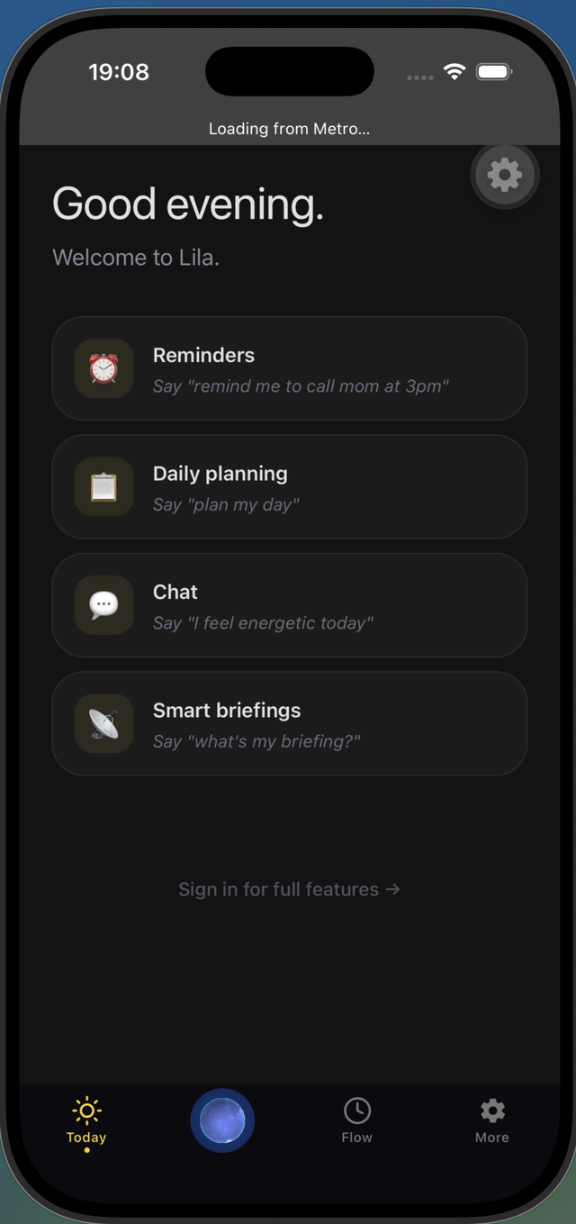 The LILA Today screen: "Good evening. Welcome to Lila." above four voice-first entry points — Reminders, Daily planning, Chat and Smart briefings