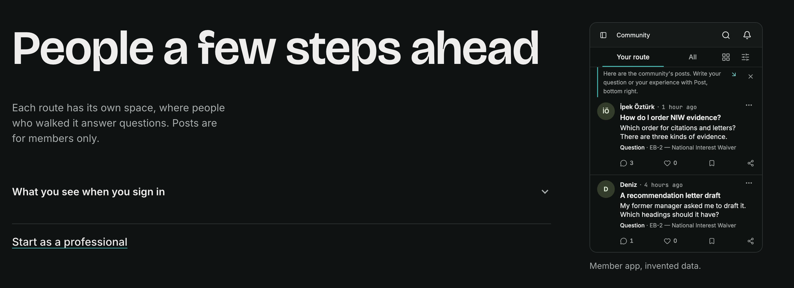 The "People a few steps ahead" section of talentvisajourney.com: each route has its own space, with a member-app screen showing two questions about EB-2 NIW evidence