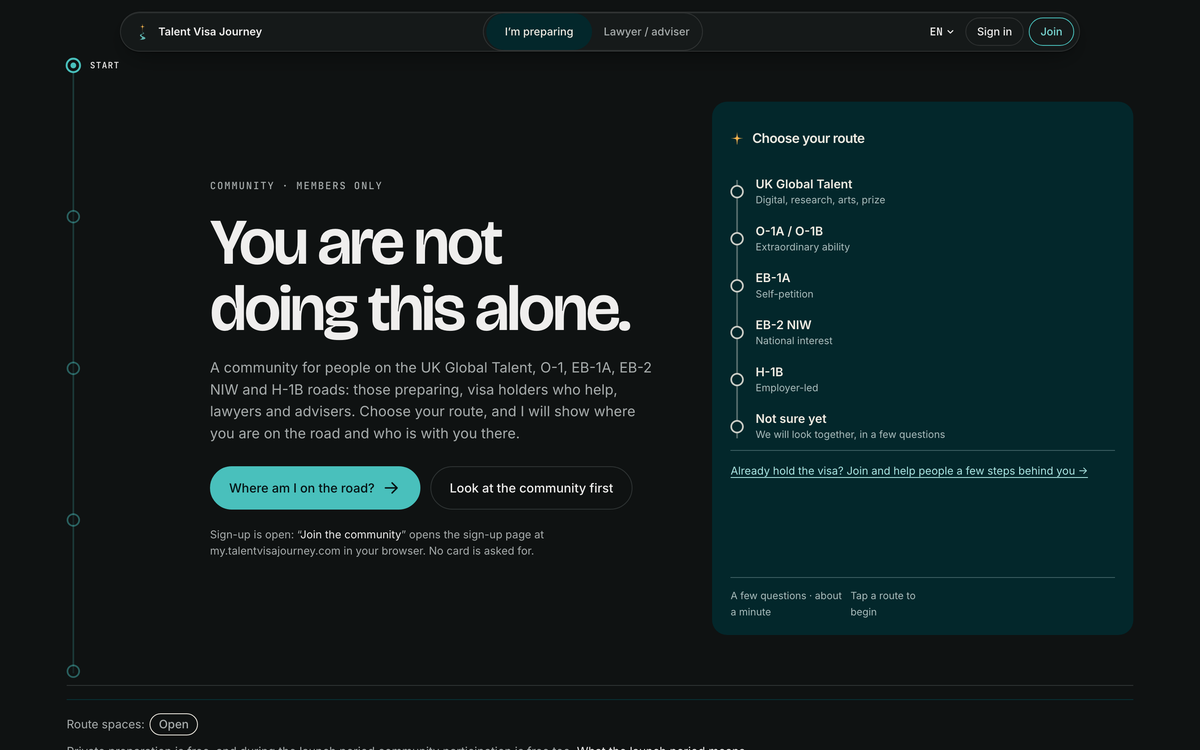 The Talent Visa Journey homepage: "You are not doing this alone." beside a route chooser listing UK Global Talent, O-1A / O-1B, EB-1A, EB-2 NIW, H-1B and "Not sure yet"